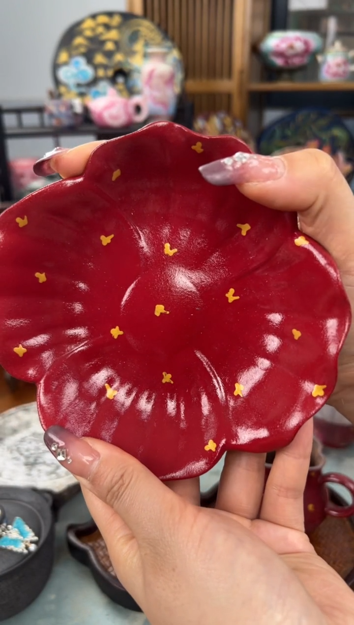 【闪购商品】老陶泥红漆洒金柿子叶壶承