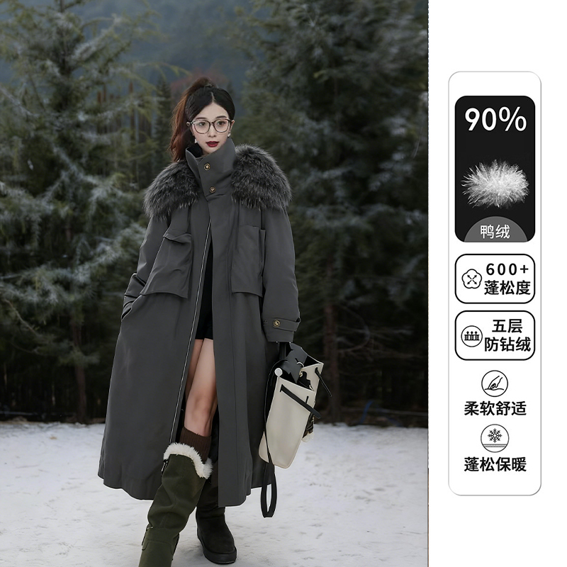 风衣羽绒服立领拉链派克服冬季新款大毛领宽松加厚白鸭绒大衣外套