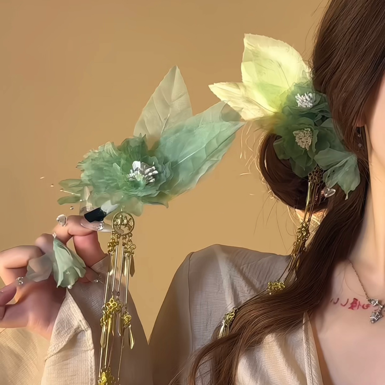 绿精灵~烫花绿色系清新甜美发饰发夹古风汉服头饰侧边古装发夹