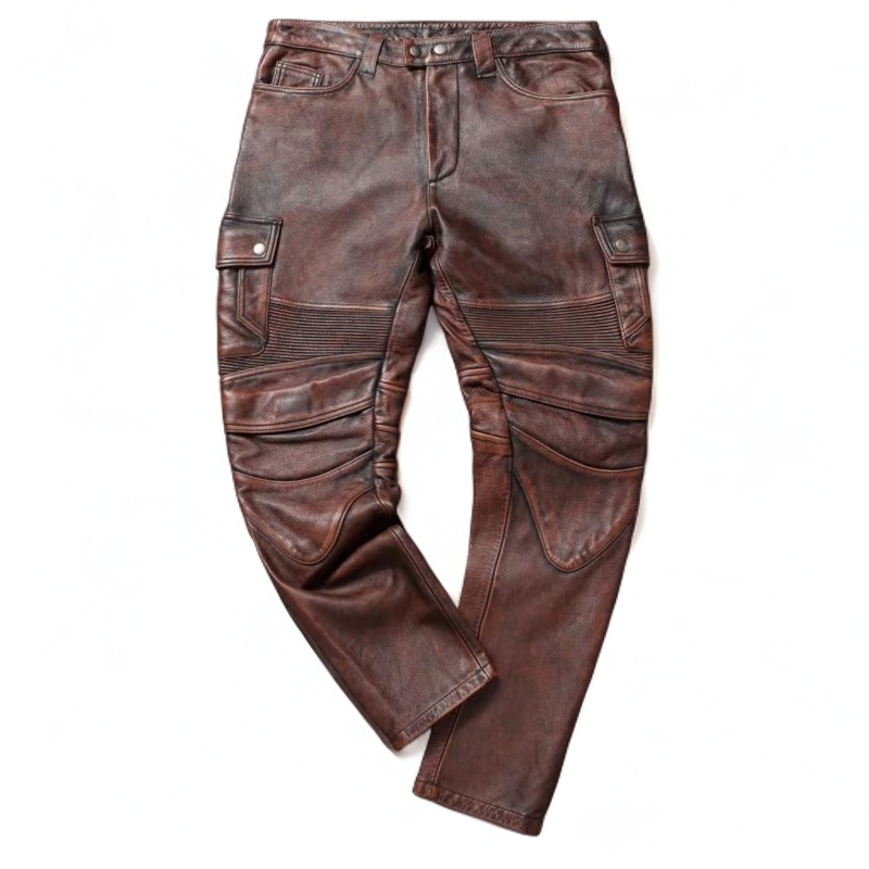 头层牛皮重工长裤多口袋皮裤修身户外个性骑行加护具男士时尚