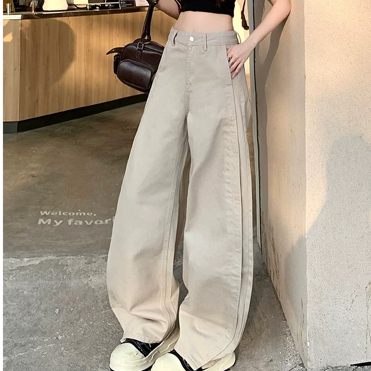 卡其色牛仔弯刀裤女春夏2025新款高腰显瘦香蕉裤休闲阔腿镰刀裤子