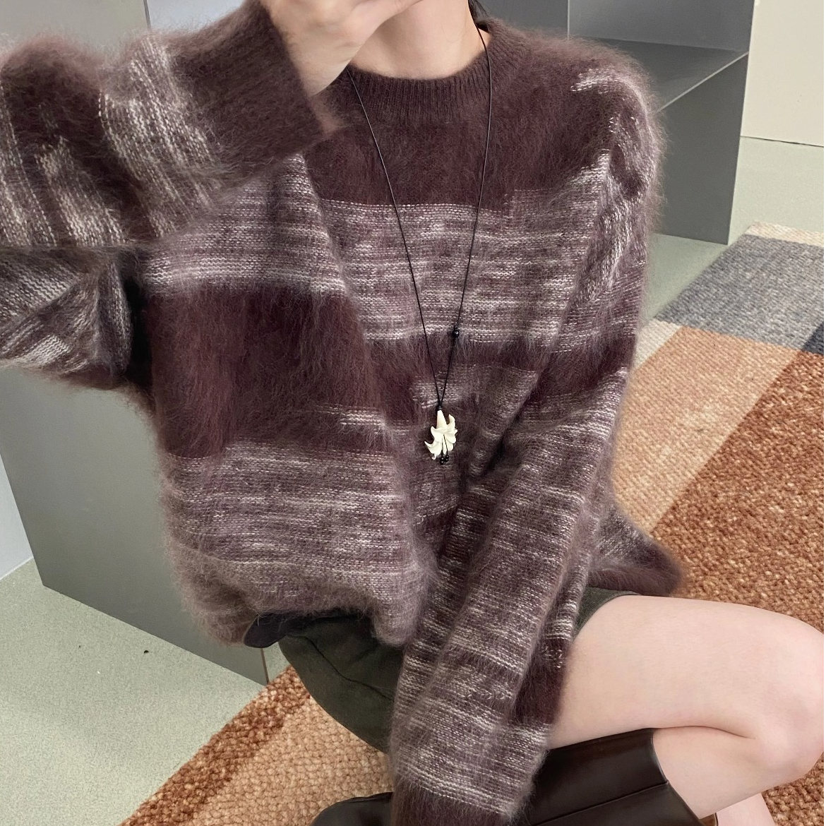 【瘦瘦推荐】毛衣女秋冬老钱风羊绒拉毛毛衣女宽松圆领5617