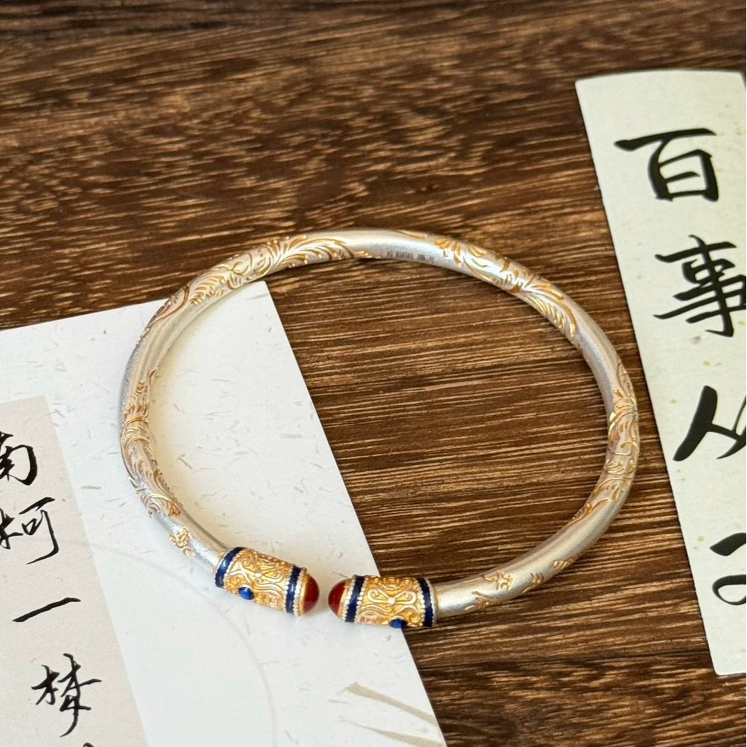 足银手镯 A44新中式国风古法描金唐纹实心开口手镯传承高级感七夕
