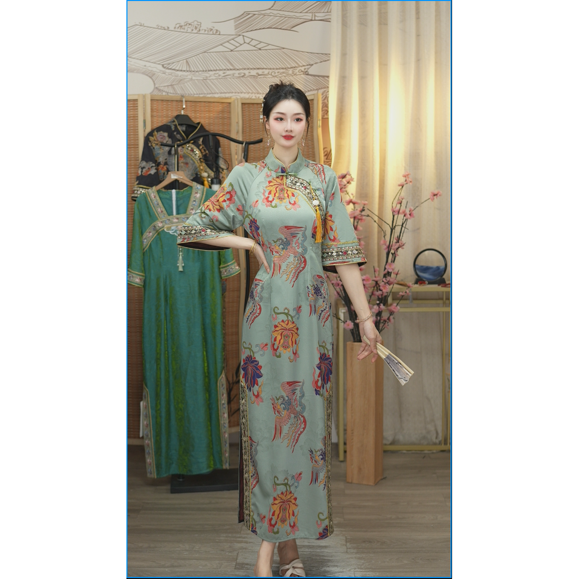 花无雪2025夏季新款中国风复古日常凤凰牡丹修身长款旗袍（1616）