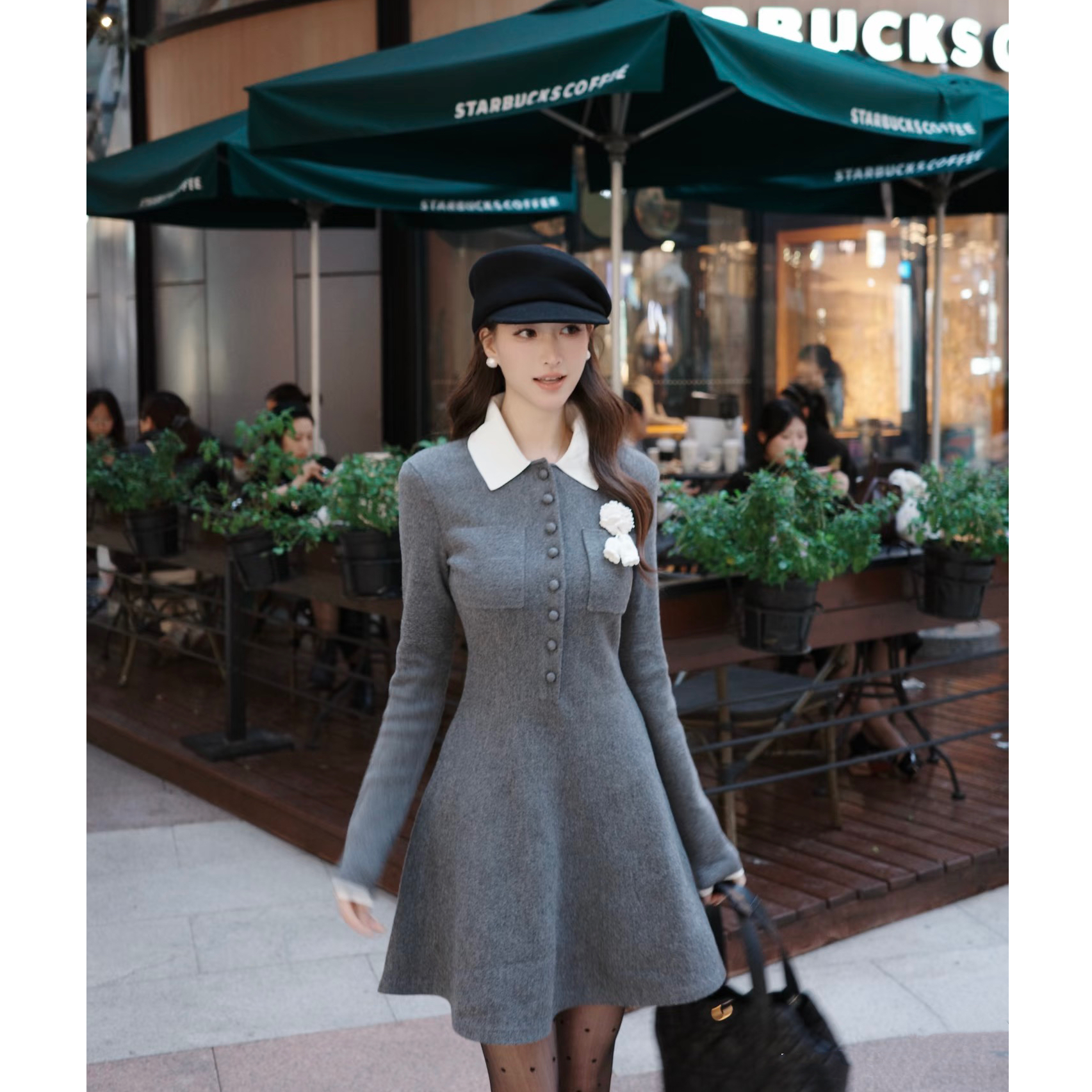 （珊珊家）原原单单秋冬新款灰混色修身显瘦羊毛混纺针织长袖连衣裙