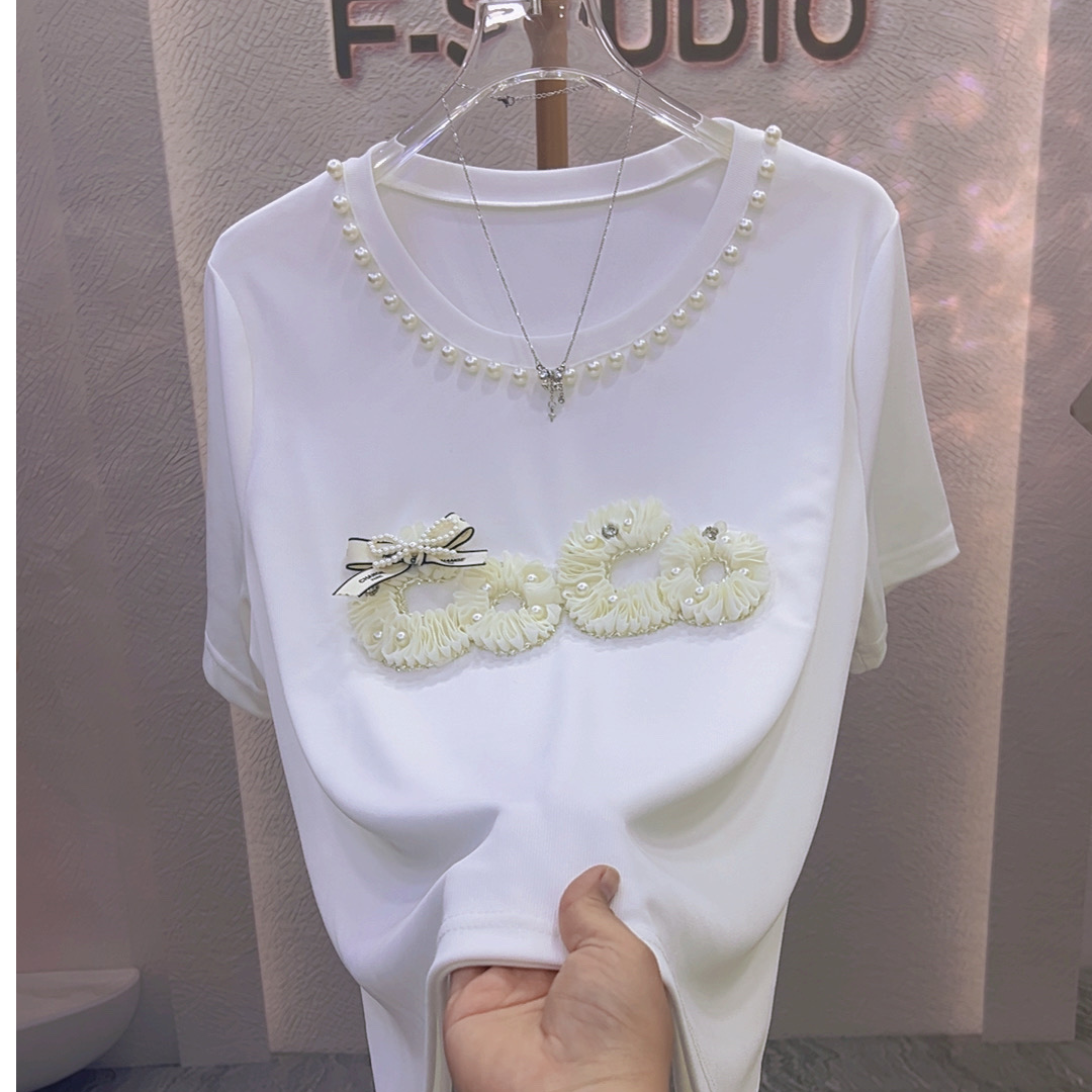 2025夏季新款8033大码女装钉珠蕾丝百搭显瘦短袖上衣