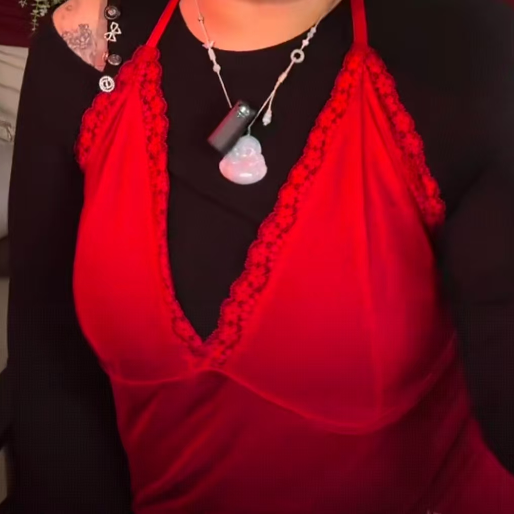 红色蕾丝背部珍珠吊带 水溶刺绣蕾丝睡裙