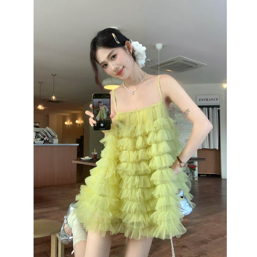 网纱吊带蛋糕裙超仙连衣裙女海边度假蓬蓬公主短裙子