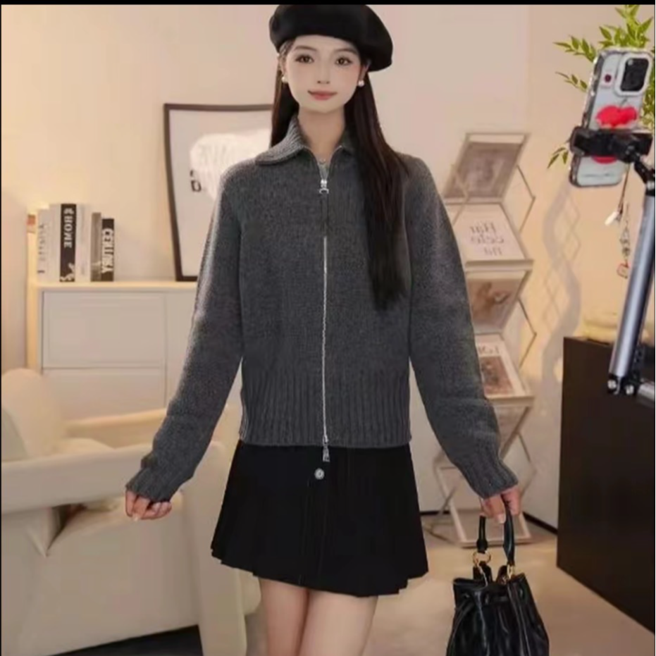 GIRDEAR/哥弟短款纯色立领毛显瘦百搭女款秋冬毛针织开衫148040