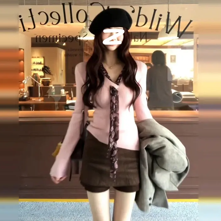 【配丝巾】韩系甜辣妹粉色气质修身显瘦设计感丝带针织衫设计感上衣