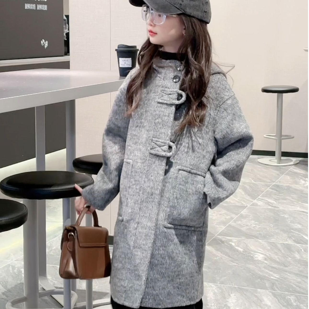 【皇室童缘】男女童2024中长款牛角扣连帽双面羊毛大衣15830104011