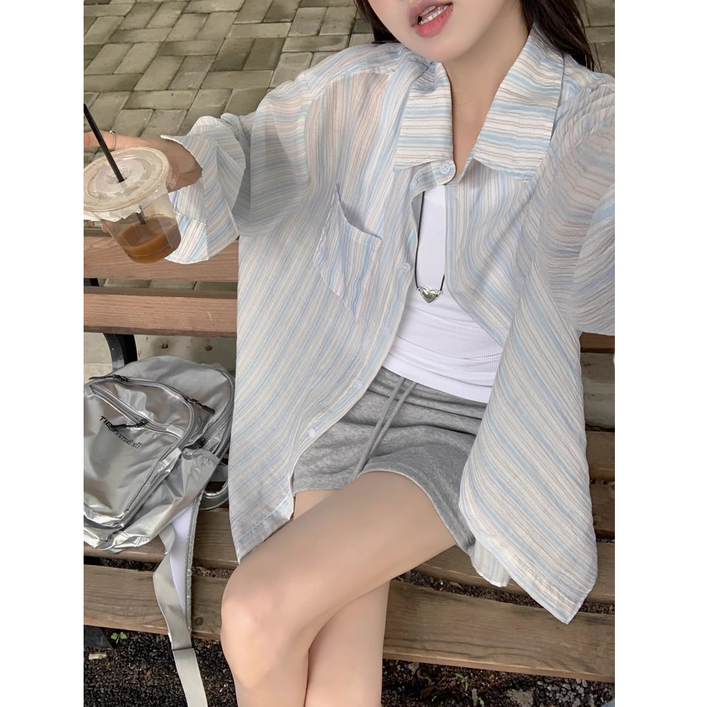 蓝色衬衫女夏季宽松上衣气质设计感长袖条纹防晒衬衣时尚百搭宽松