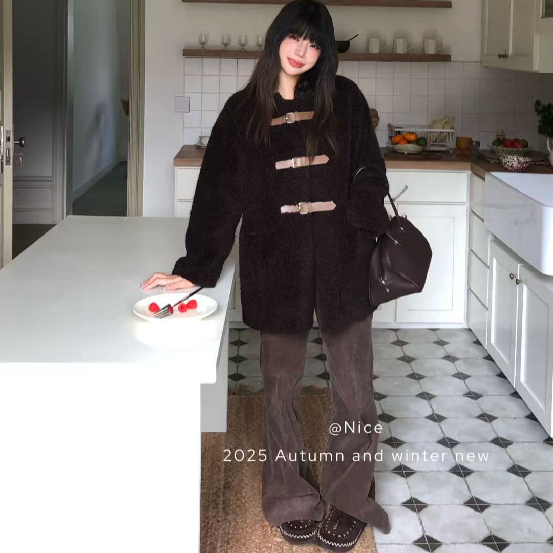 525牛乳酥酥 京都复古小皮扣中长仿羊驼毛外套