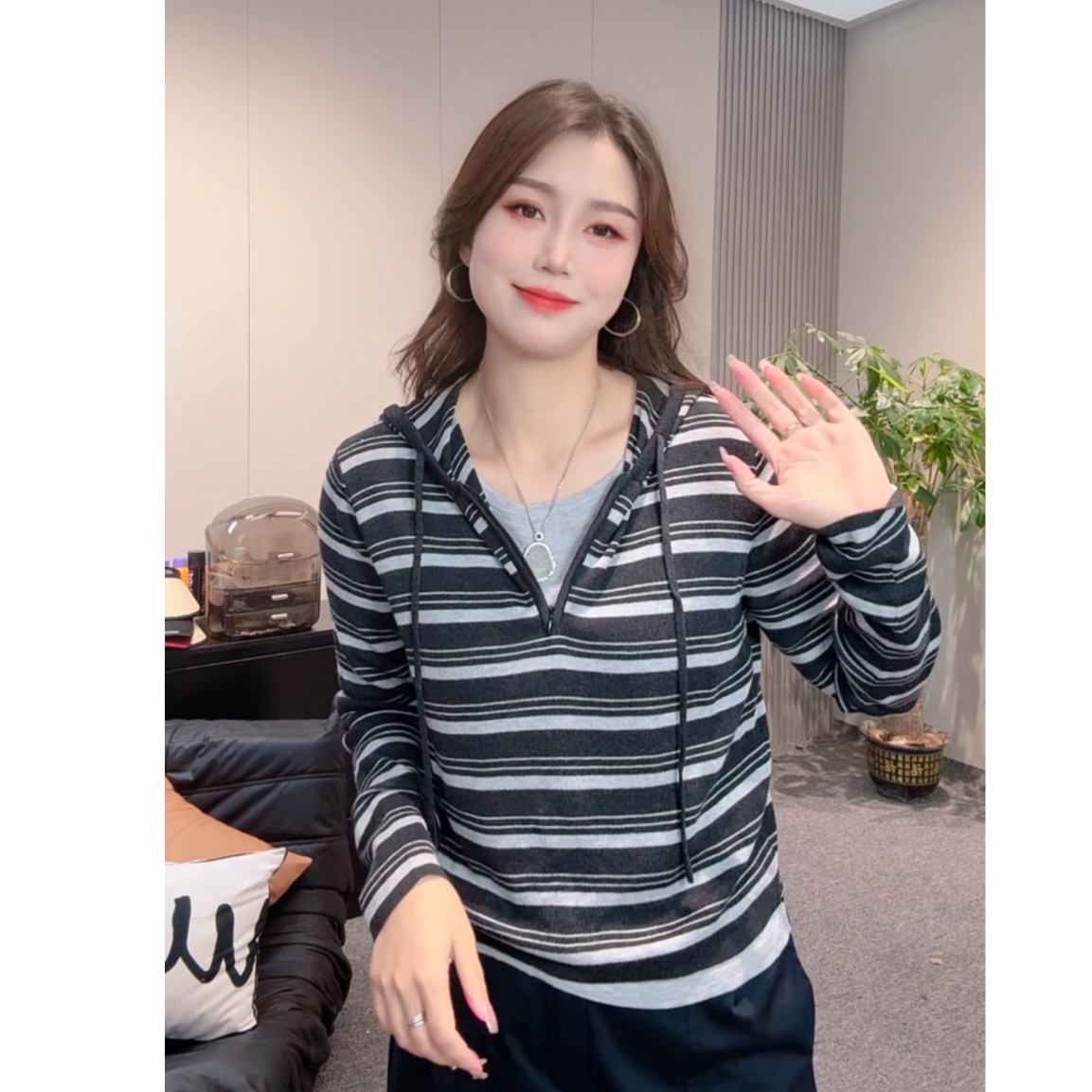 【唯美女装】连帽假两件～通勤百搭休闲常规版针织衫