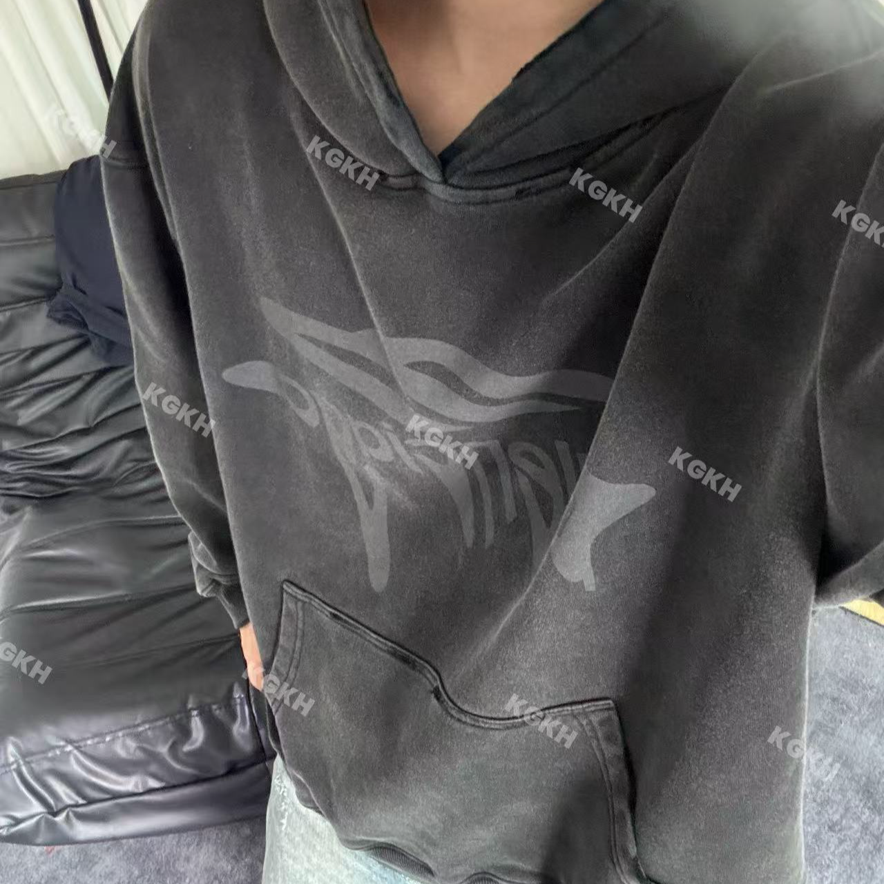 KGKH巴家SS25新款水洗磨破连帽短宽印花炒盐老鼠袋毛圈套头男女