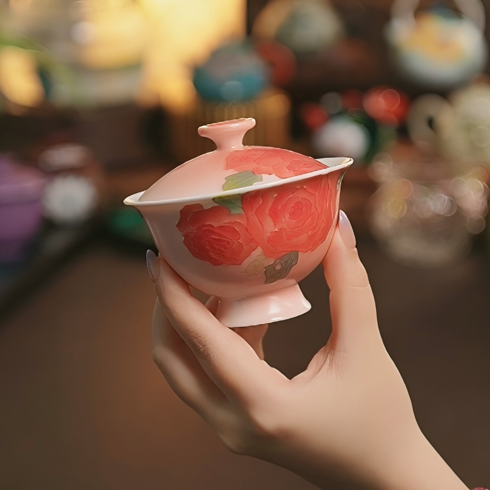 粉黛佳人纯手绘釉下堆绘玫瑰花油画风陶瓷茶具高足盖碗（130ml）