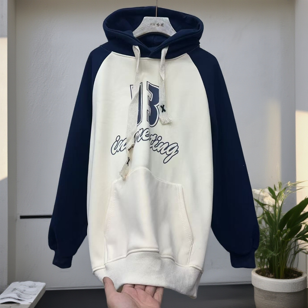 229#【衣长70左右】秋冬款连帽拼色数字印花宽松加绒休闲卫衣