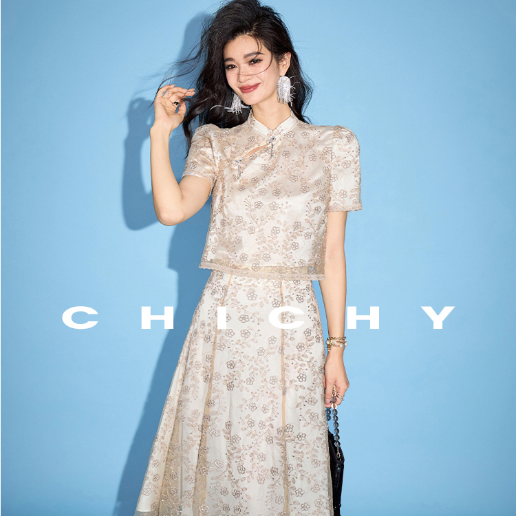 【媛媛女王专享】CHICHY大小姐绣花蕾丝上衣长半裙套装CC9B010242
