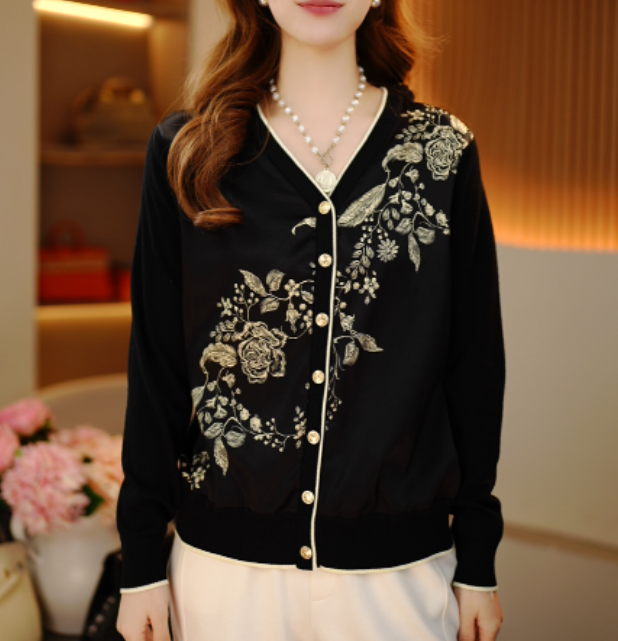 2025新品长袖休闲女士复古印花洋气经典轻奢显瘦开衫-360（七店）