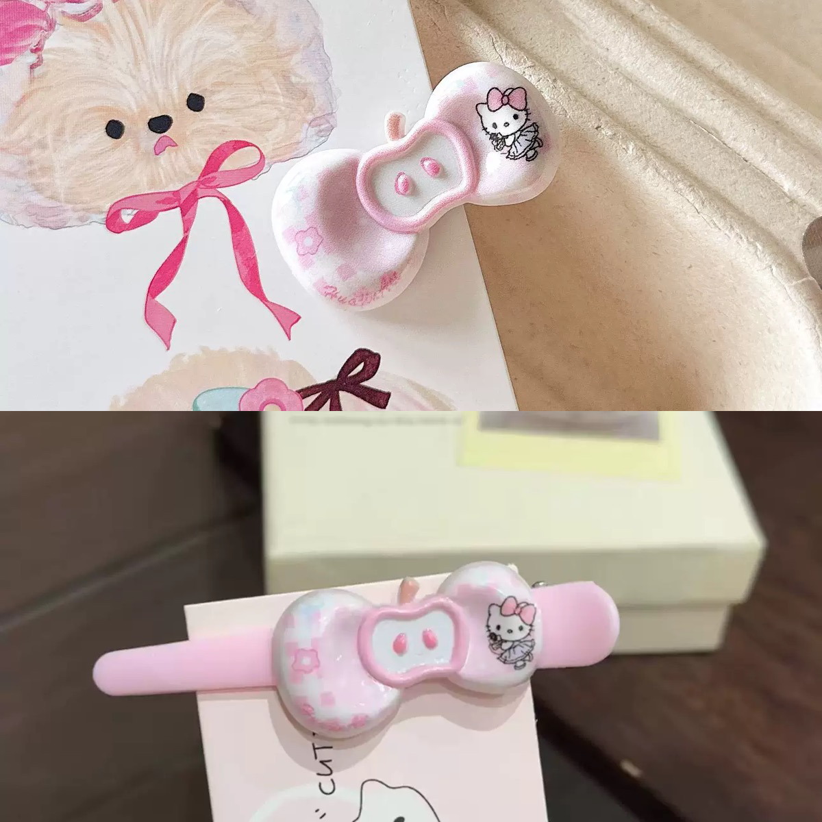 奶油苹果格纹Kitty猫女边夹发夹日韩甜美可爱可爱风BB夹刘海夹