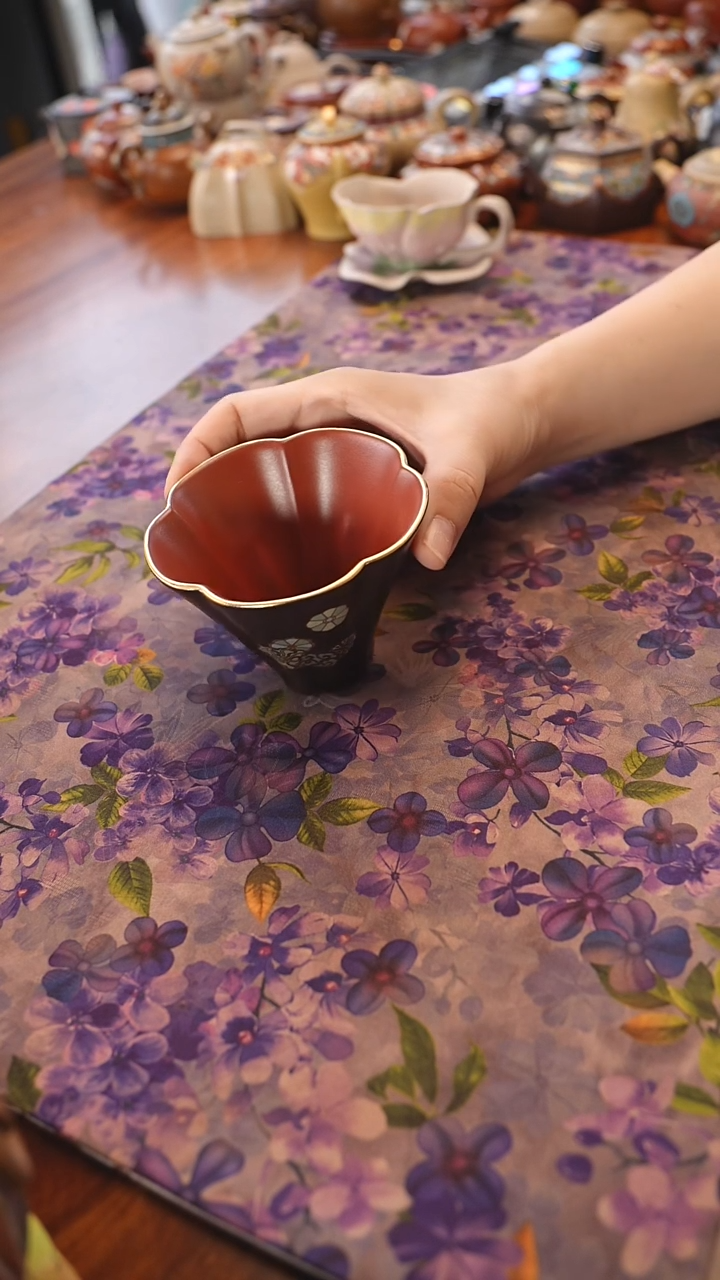 茶壶紫砂朱泥粉浆描金花瓣杯