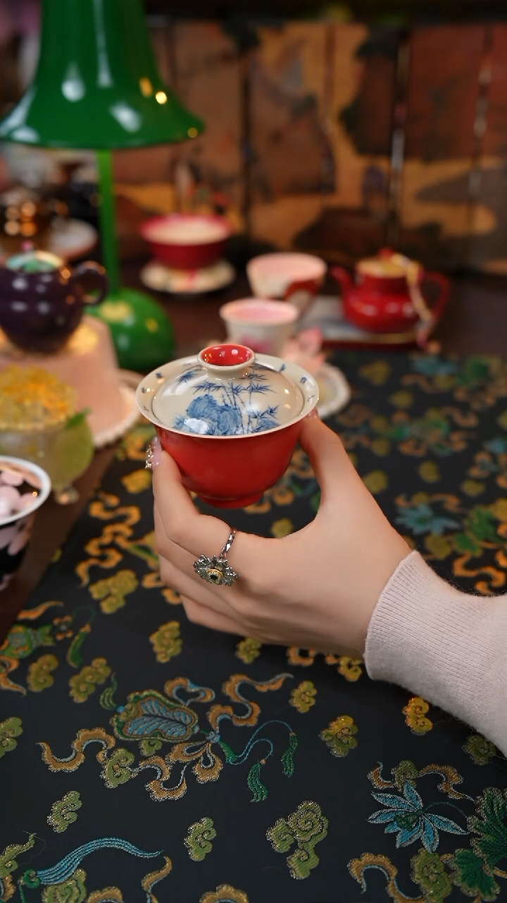 【闪购商品】景德镇手工手绘竹子题字柿子红盖碗