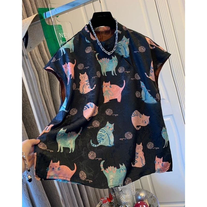 P0258独特超好看新中式猫咪短袖衬衫宽松时尚上衣女装夏季款小衫