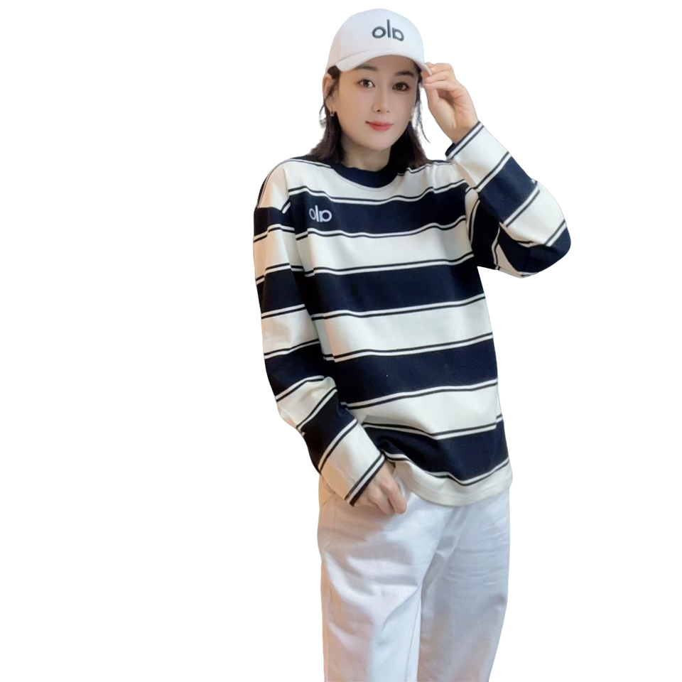 新款al细条纹长袖休闲时尚宽松潮流百搭情侣运动圆领长袖T恤