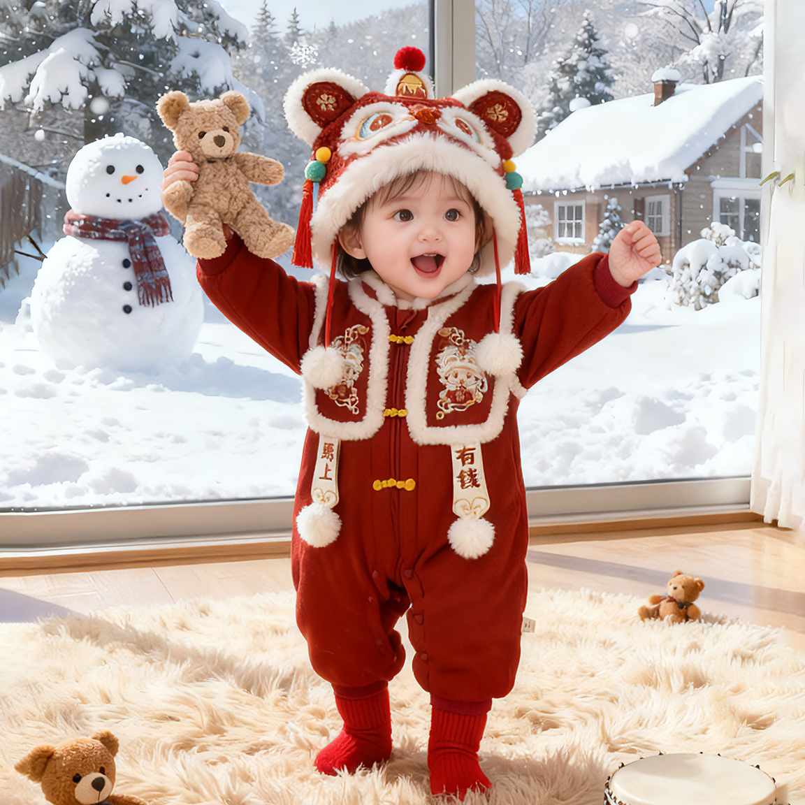 2026款婴儿冬季新年服男女宝宝红色喜庆连体衣带帽可爱衣服外出服