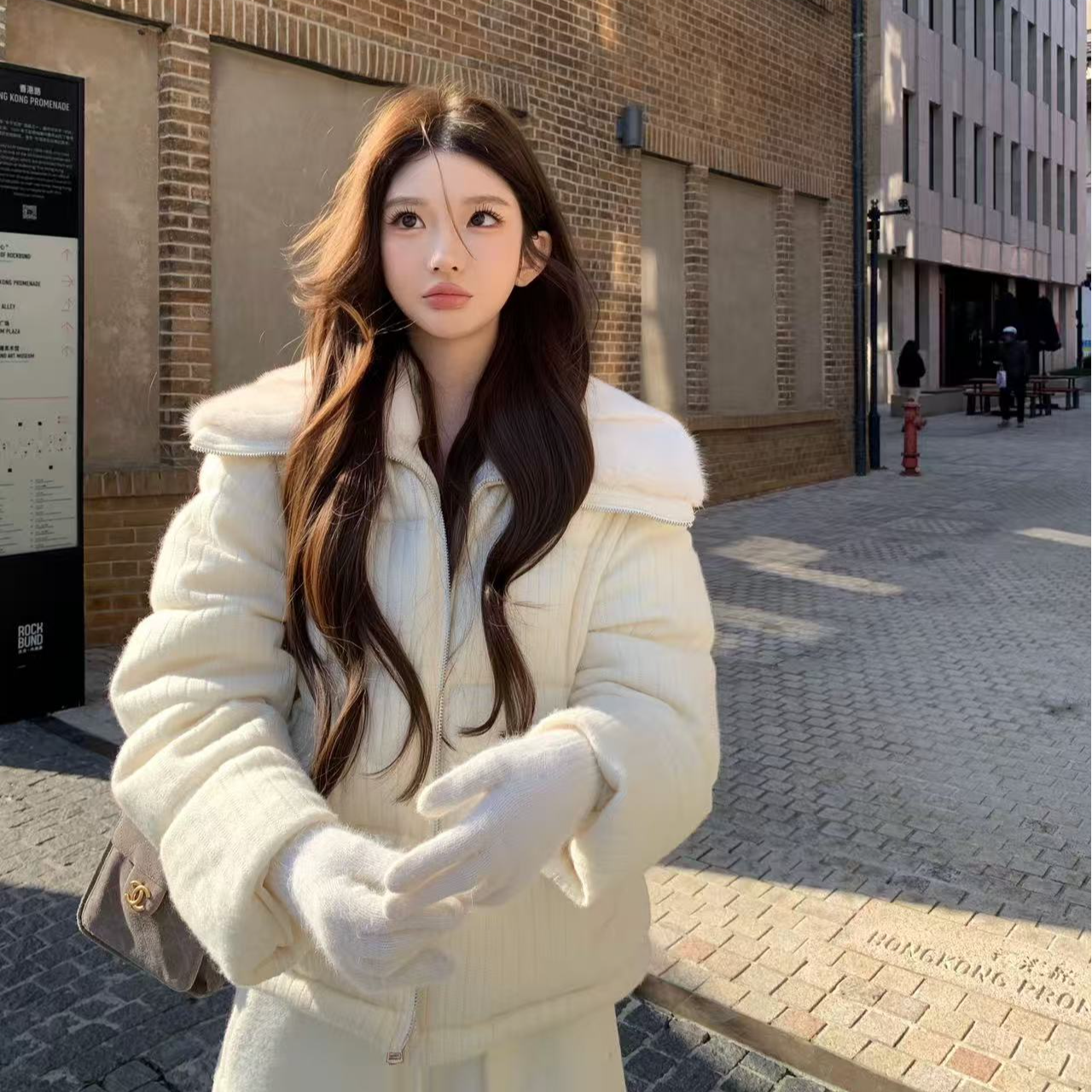 80516白女美学 老钱感仿水貂毛领麻花织带短款羽绒外套