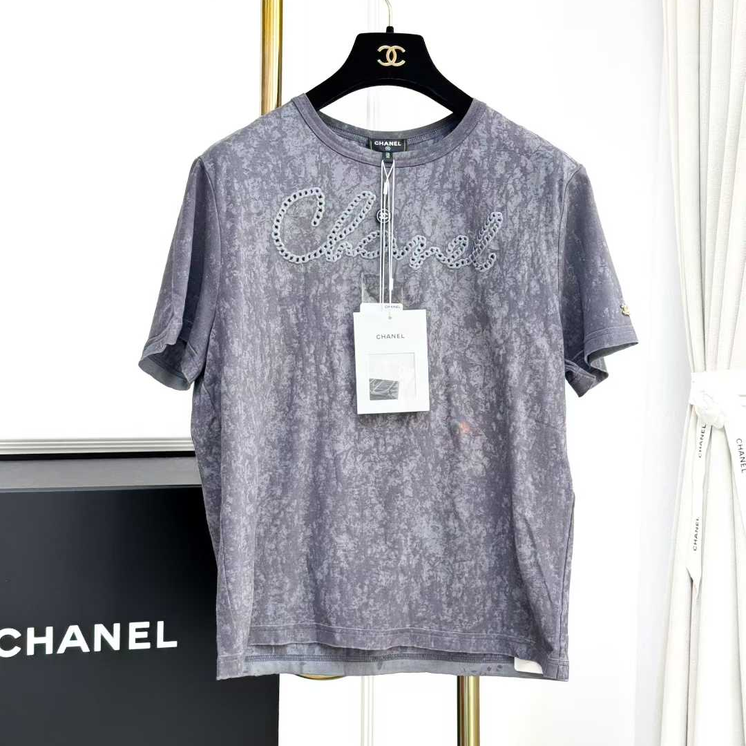 99新 Chanel/香奈儿 38|40码20S灰色刺绣字母短袖T恤 