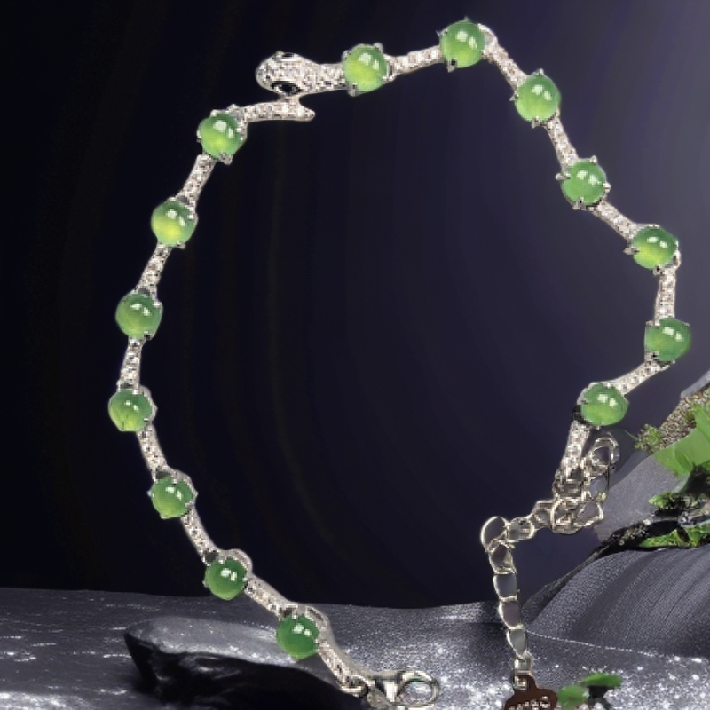 天然缅甸翡翠A货，925银镶嵌冰满绿手链
