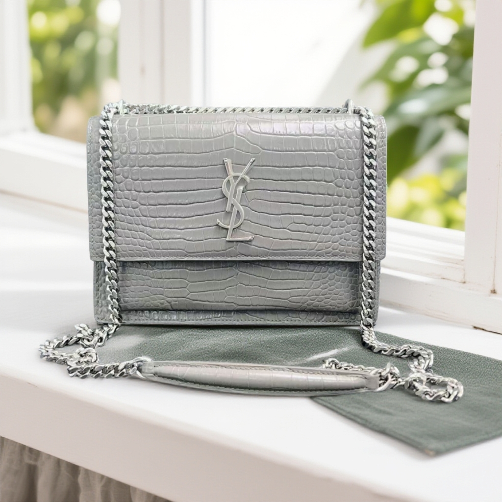 95新 YSL/圣罗兰  大象灰鳄压日落链条包 1804 4608 