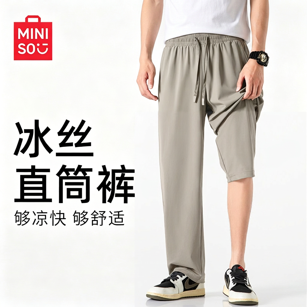 MINISO名创优品冰丝裤子男夏季卡其色痞帅直筒裤薄款透气垂坠感裤