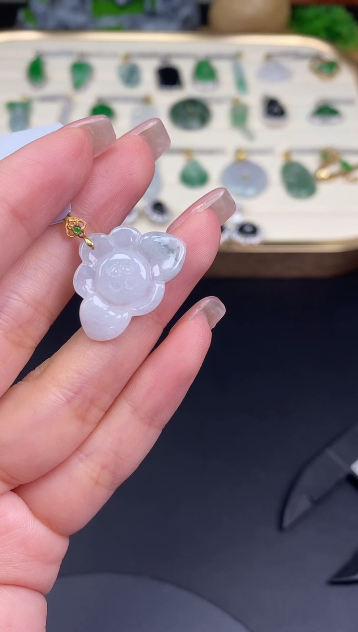 吊坠(不含链)18K金镶嵌翡翠莲花18K金扣镶嵌@@CMT