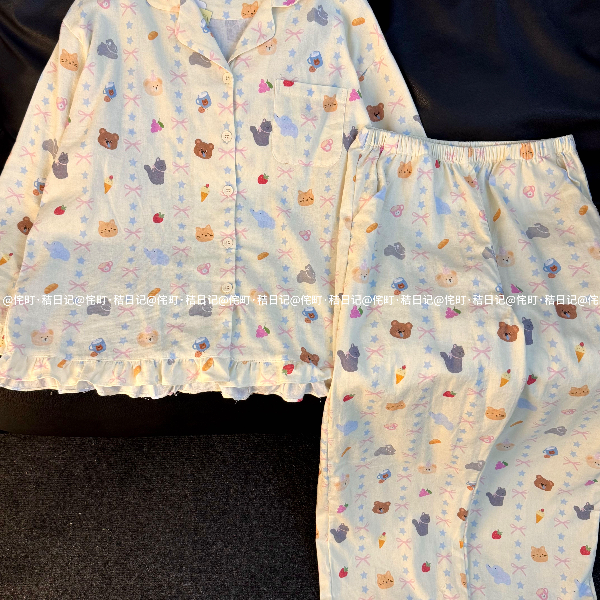 侘町·秸日记蝴蝶结星星象纯棉磨毛睡衣春秋可爱韩系家居服可外穿
