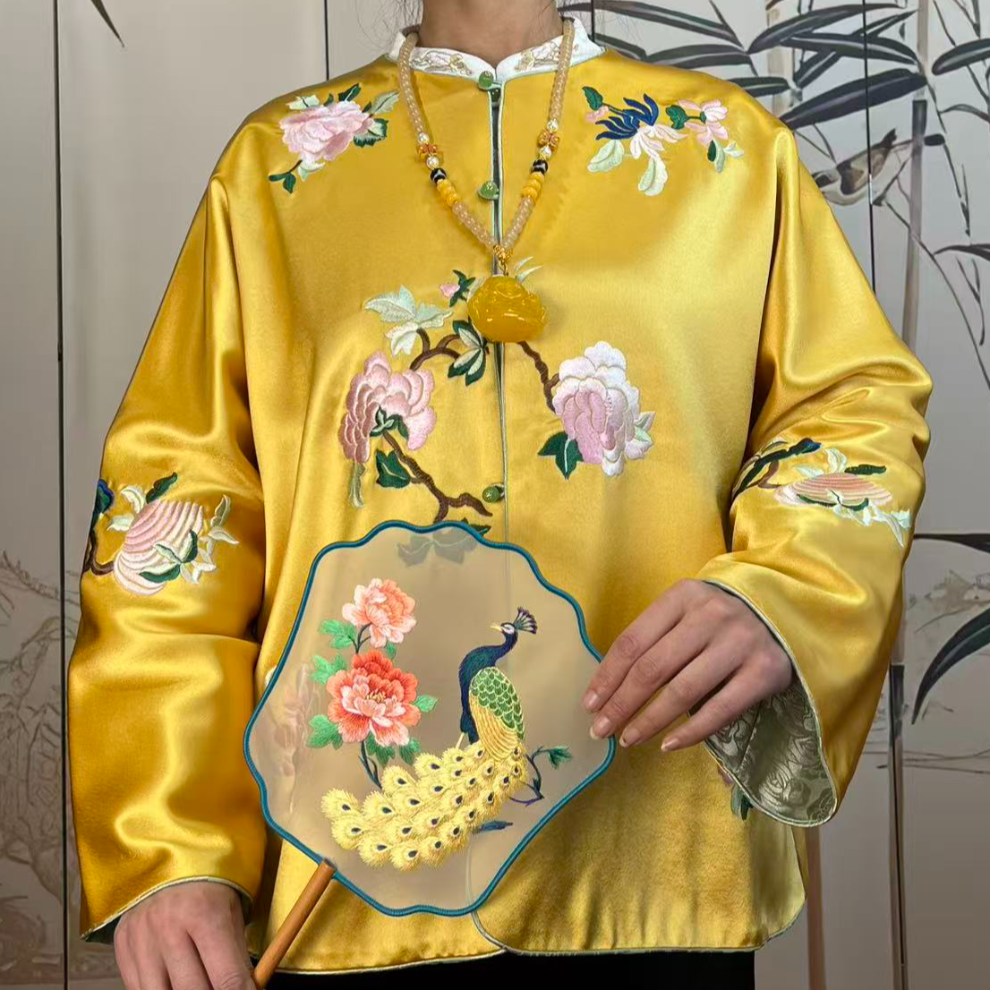 中国风上衣女2024年春季新款圆领对襟醋酸缎新中式两面穿唐装外套