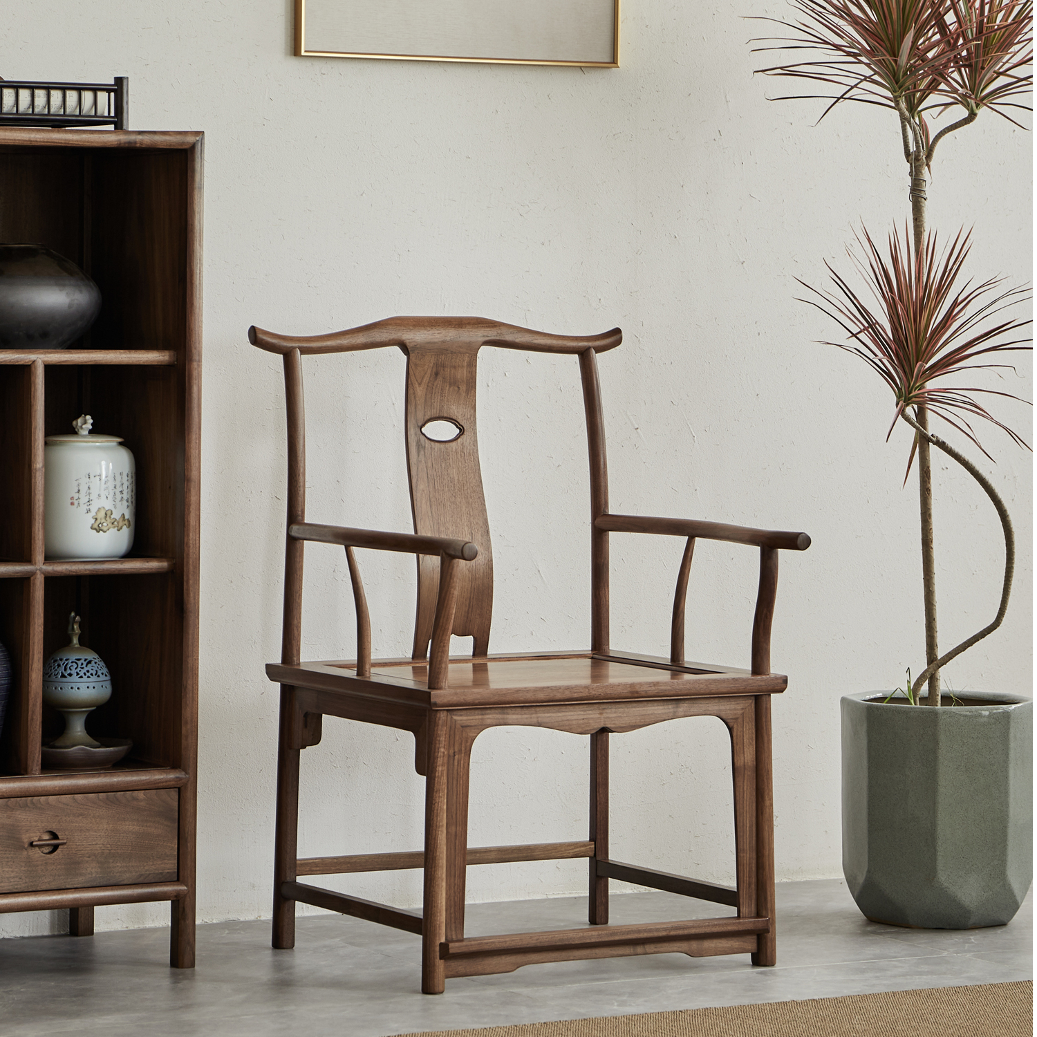 新中式实木官帽椅太师椅圈椅黑胡桃木主人椅茶椅原木扶手禅椅家用