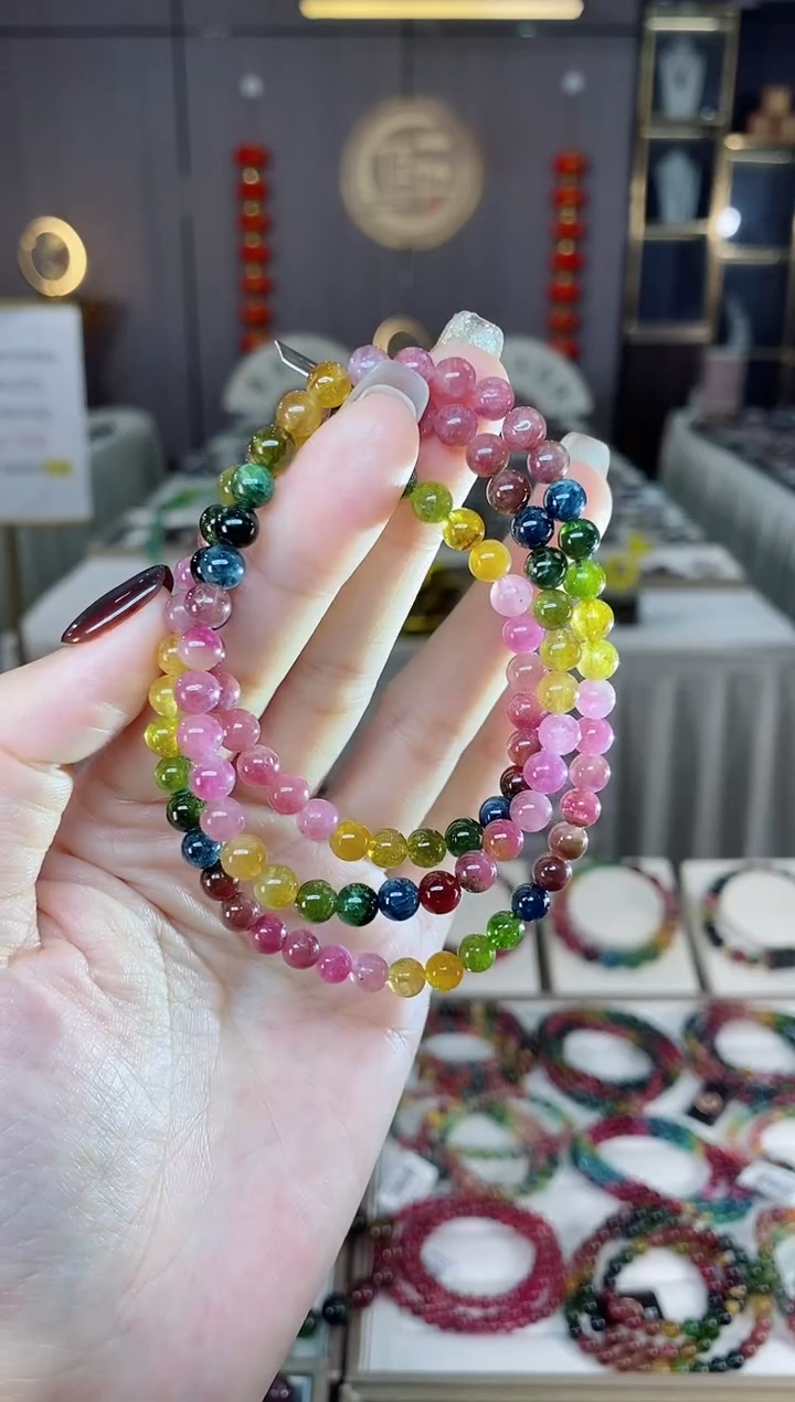 未镶嵌老矿碧玺色标彩虹三圈手串5mm+碧玺dan多样性发货一条
