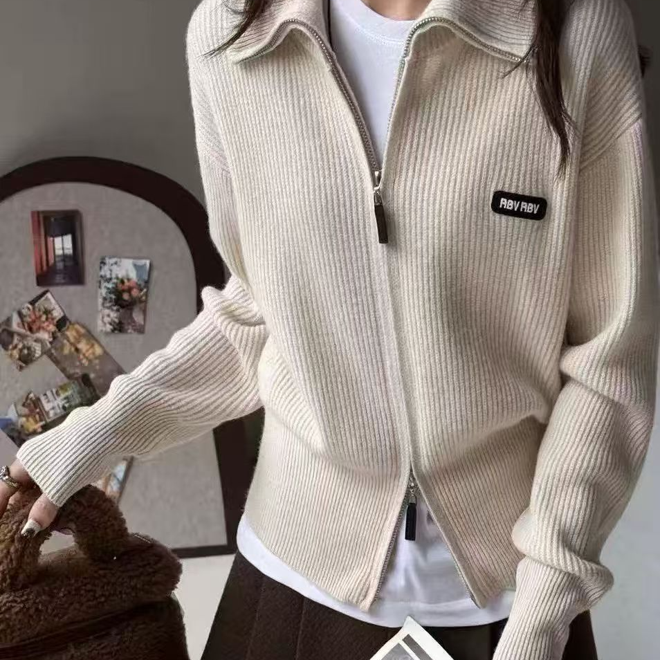 【三三羊毛】翻领拉链羊毛衫女士宽松加厚羊毛开衫