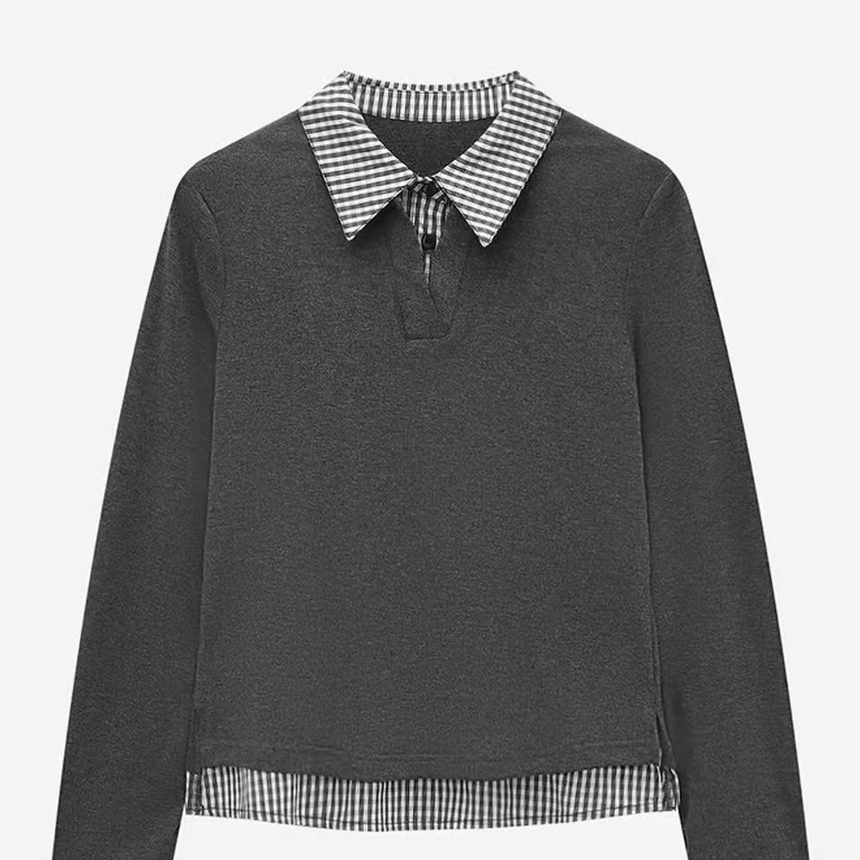 S301 常规款拼接翻领显瘦遮肉高领长袖假两件拼色T恤