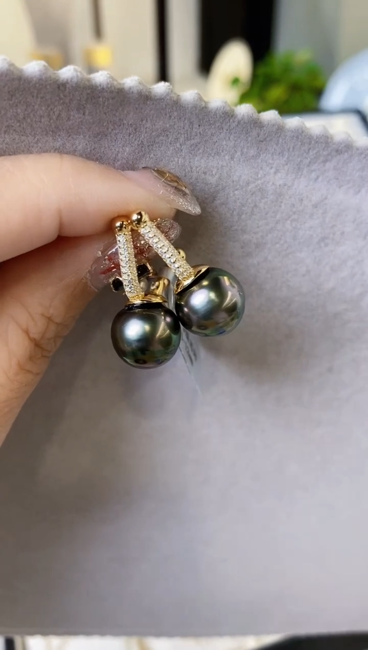 【闪购商品】海水珍珠耳饰银S925镶嵌11-12大溪地黑珍珠耳饰