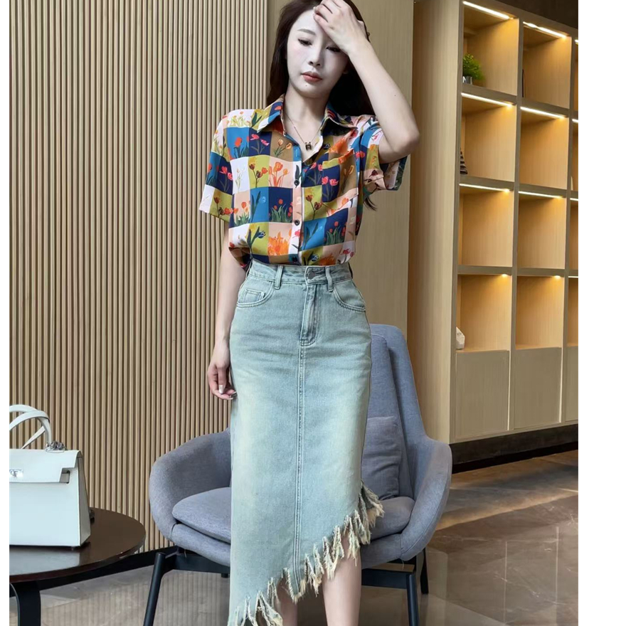 【梦婷家】流苏设计感高腰A字牛仔半身裙女显瘦长裙-25398