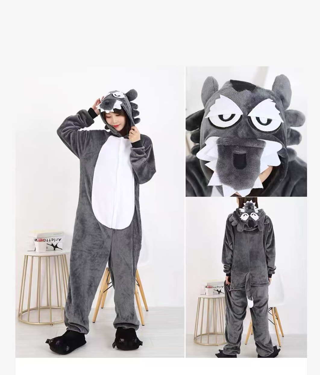 大灰狼皮卡丘卡通动物连体睡衣春秋冬季男女家居服