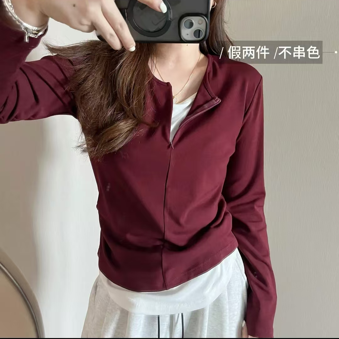 人棉270克【春秋厚款】正肩假两件长袖t打底衫5075