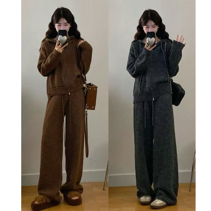 2025新款大码女装秋冬慵懒针织宽松时尚长袖+休闲裤显瘦套装2041