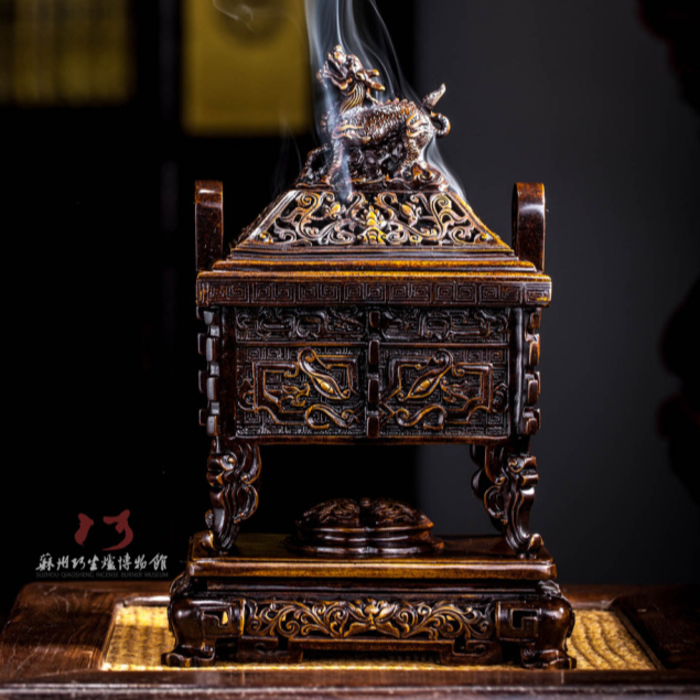 巧生炉带座兽面纹方熏炉 古法失蜡法工艺古法仿古特色传统技艺