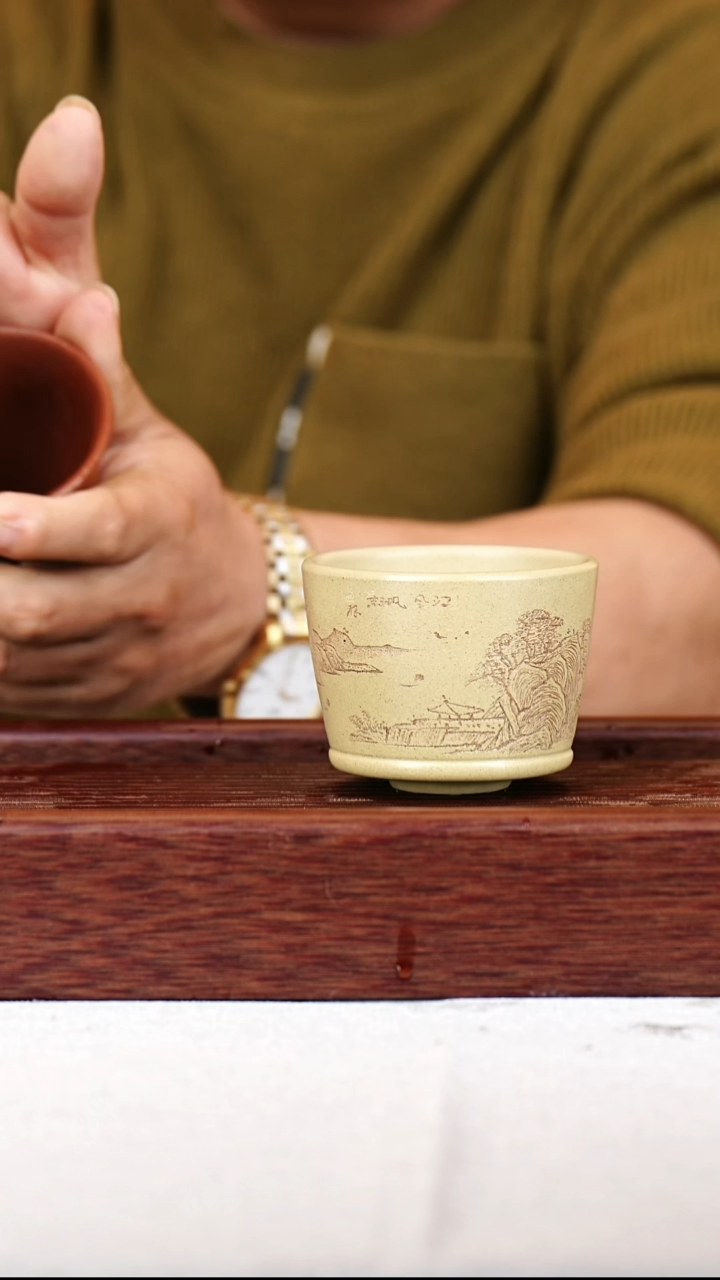 茶杯紫砂紫砂主人杯 本绿 山水手工刻绘120CC  01179