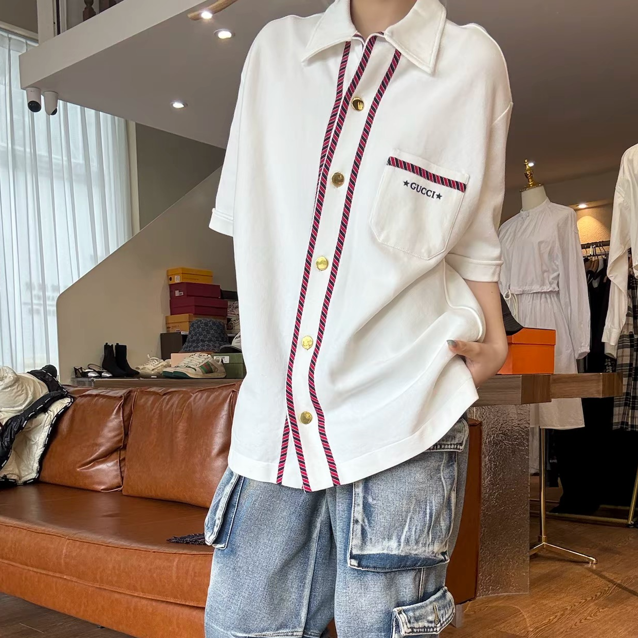 99新 GUCCI/古驰 WX25806/L码/条纹滚边贴布口袋短袖衬衫