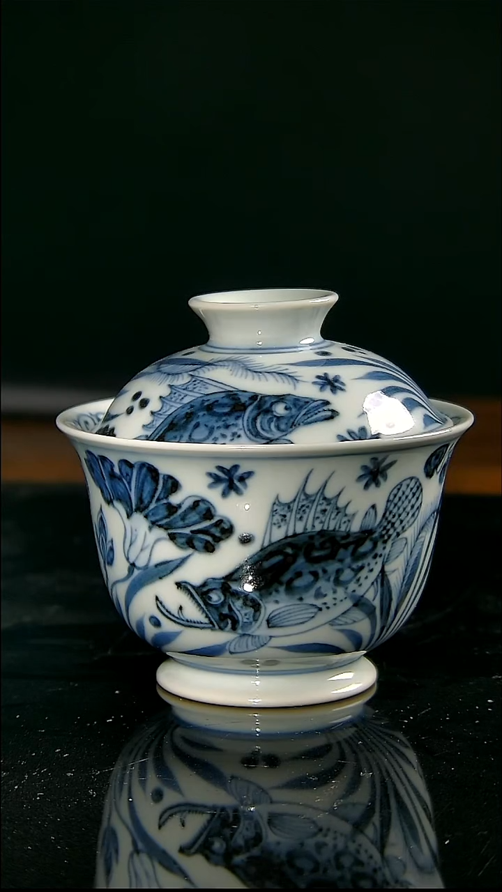 摆件陶凌兮君窑鱼藻纹盖碗